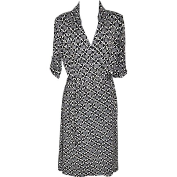 Jane Lamerton (Australia) True Wrap Dress w/Collar Geo Print - Black/Ivory - 12 - Picture 1 of 11